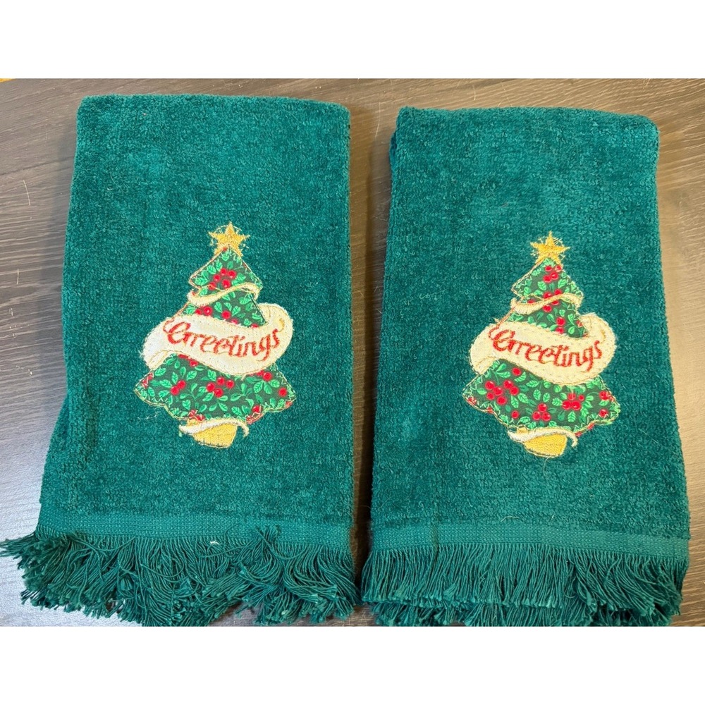Vintage 80s Christmas Greetings Tree Embroidered Green Hand Towels Set of 2